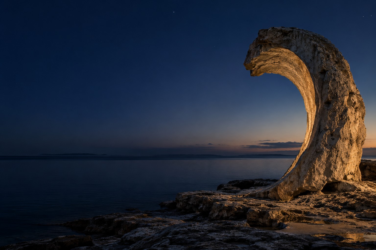 Composición artística de piedra, mar y cielo nocturno